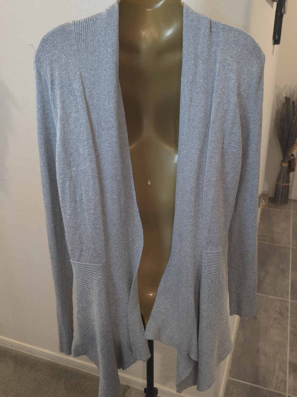 Verve Ami Women's Waterfall Cardigan Sweater Size L Open Front Silver Shinny